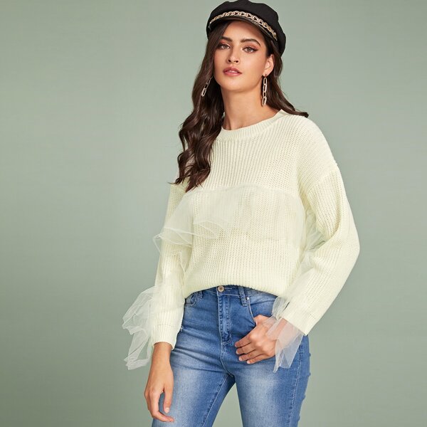 

Mesh Panel Ruffle Trim Sweater, White