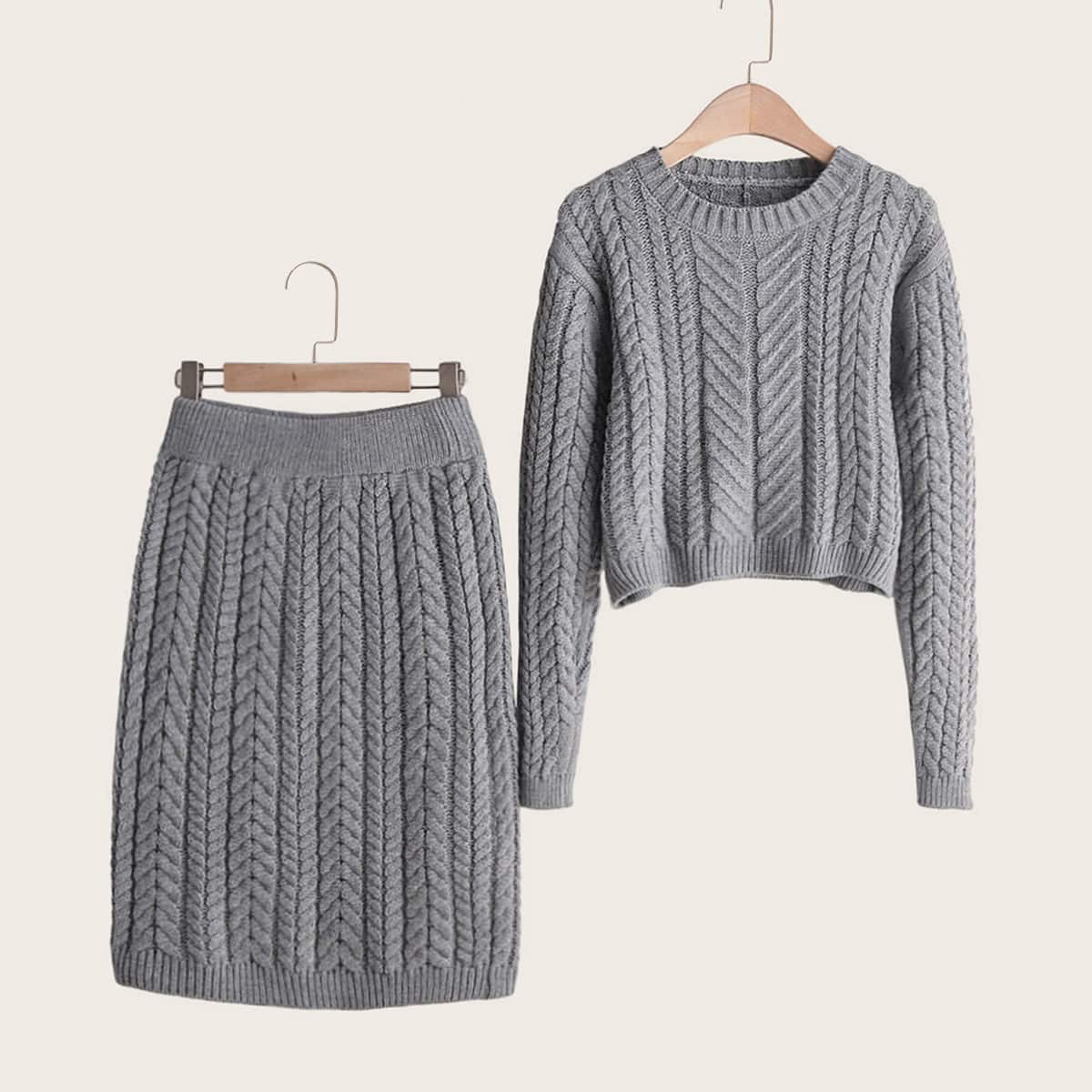 

Solid Cable Knit Sweater & Skirt, Grey