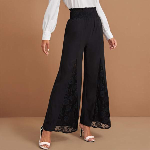 

Contrast Lace Shirred Wide Leg Pants, Black