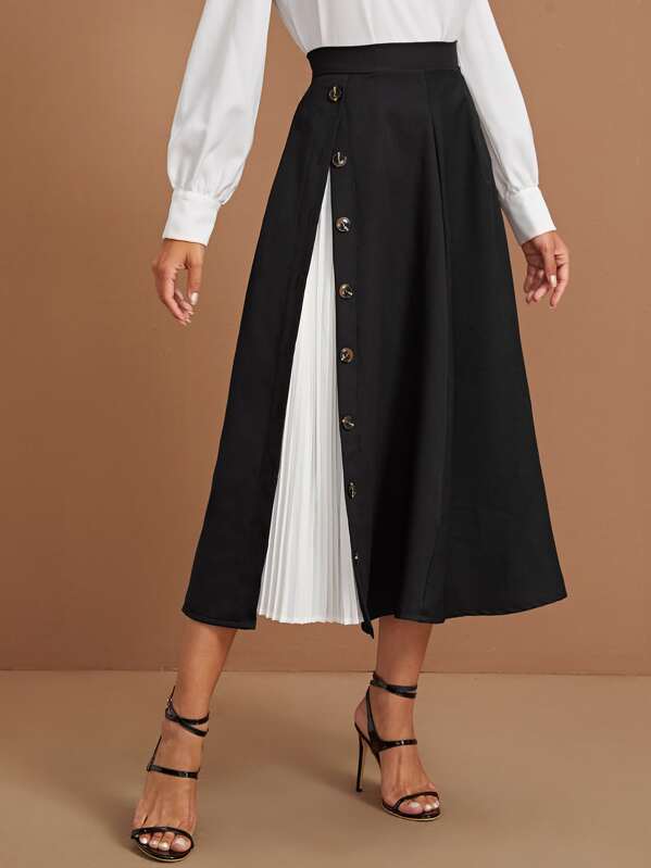 

Contrast Panel Pleated Button A-line Skirt, Black, Gabe