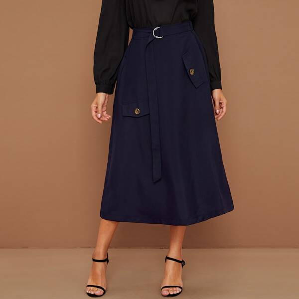 

Button Detail Belted A-line Skirt, Navy