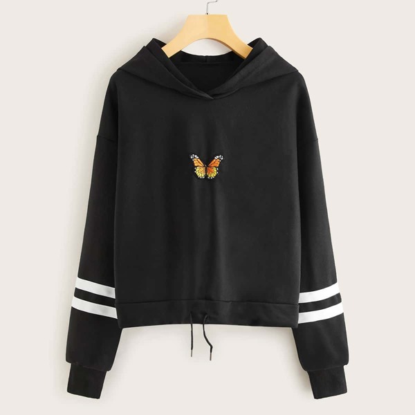

Butterfly Embroidered Varsity Striped Hoodie, Black