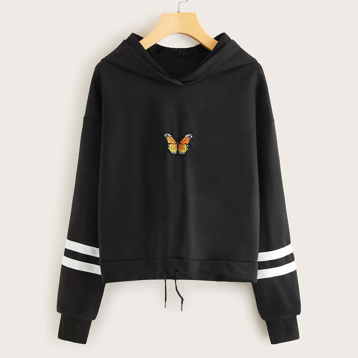 

Butterfly Embroidered Varsity Striped Hoodie, Black