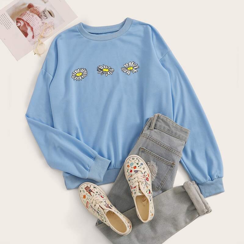 

Floral Print Drop Shoulder Sweatshirt, Blue