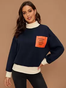 Sudadera con letra y dibujo panel en contraste - Azul Marino - Ver 1