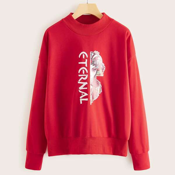 

Figure & Letter Graphic Drop Shoulder Sweatshirt, Red