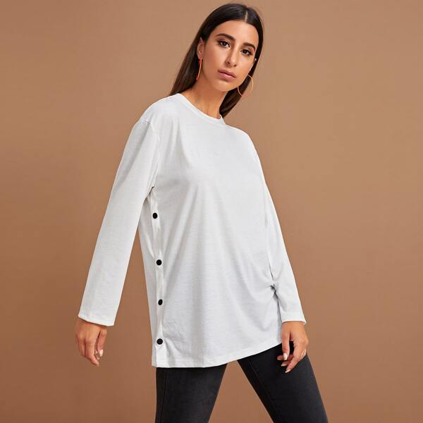 

Button Detail Drop Shoulder Oversize Tee, White