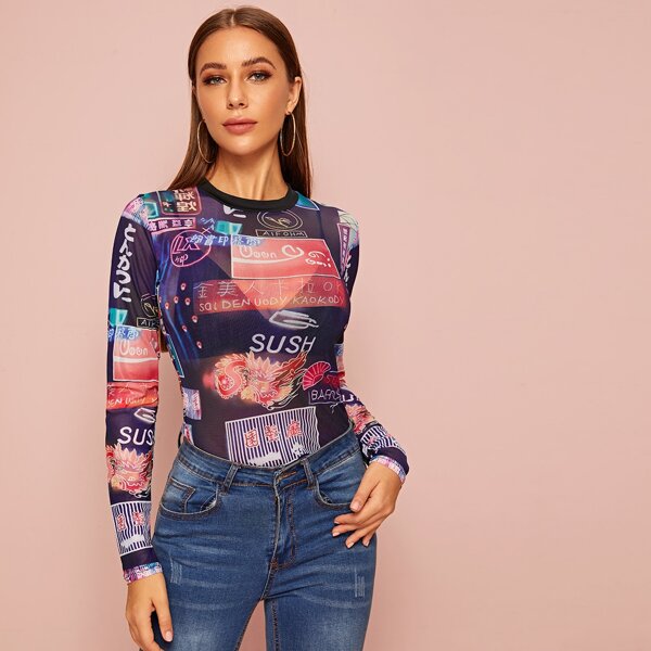 

Letter Graphic Sheer Mesh Top, Multicolor