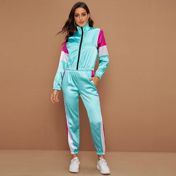 

Contrast Panel Zip Up Satin Jacket With Sweatpants, Blue