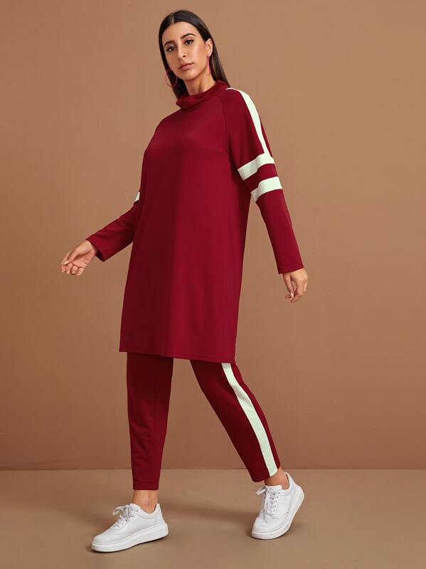 

Varsity Striped Contrast Panel Top With Pants, Burgundy, Gabe