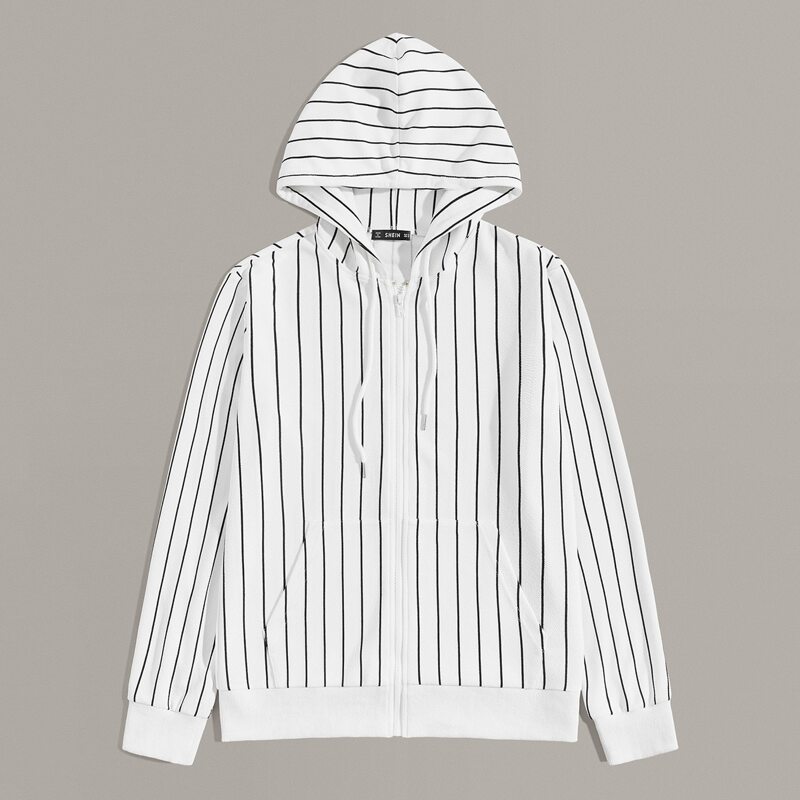 

Guys Zip Front Striped Drawstring Hooded Jacket, Black and white