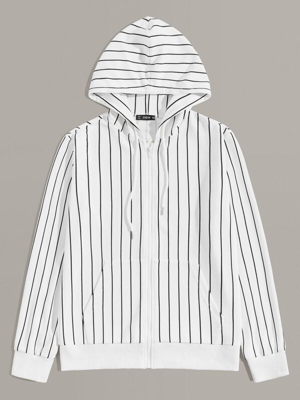 

Men Zip Front Striped Drawstring Hooded Jacket, Black and white