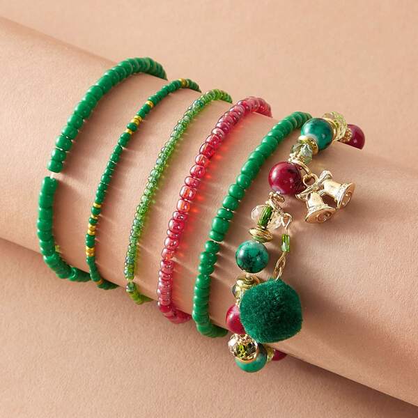 

6pcs Pom Pom Beaded Bracelet, Multicolor