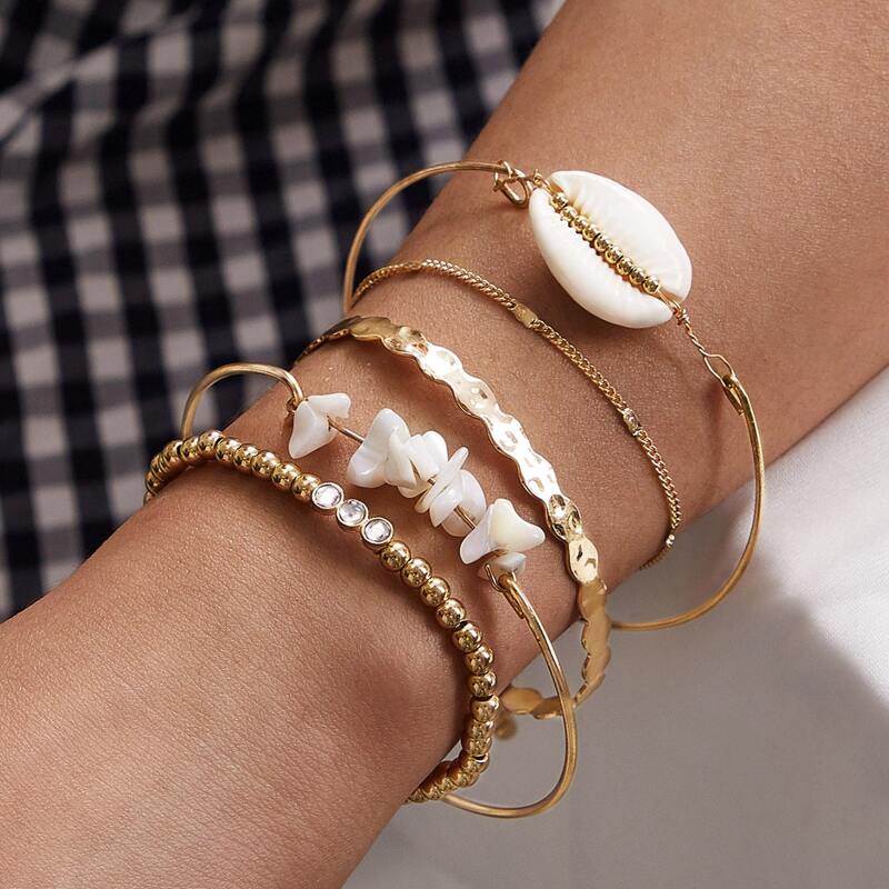 

5pcs Shell Beaded Chain Bracelet, Gold