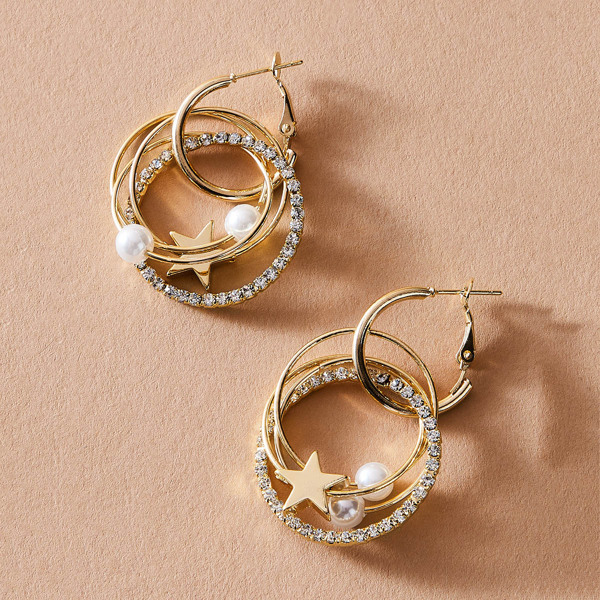 

1pair Pearl & Rhinestone Decor Round Drop Earrings, Gold