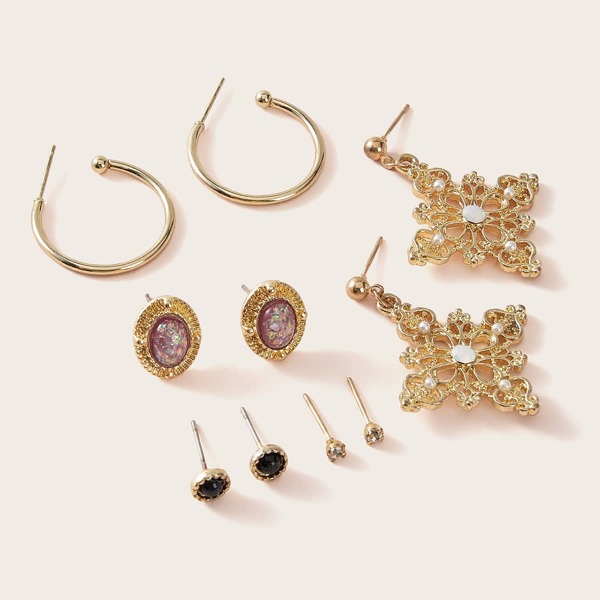 

5pairs Gem & Faux Pearl & Hoop Earrings Set, Gold