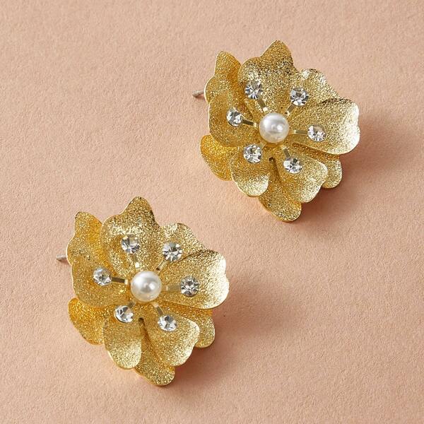 

1pair Pearl & Rhinestone Decor Flower Shaped Earrings, Gold