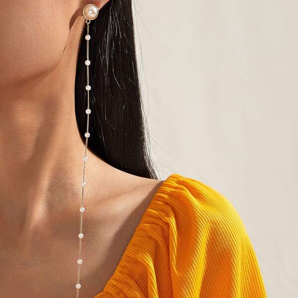 

1pair Faux Pearl Chain Dangle Earrings, Gold