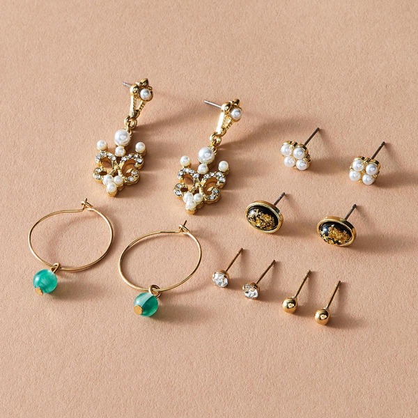 

6pairs Faux Pearl & Rhinestone Stud & Hoop Earrings Set, Multicolor