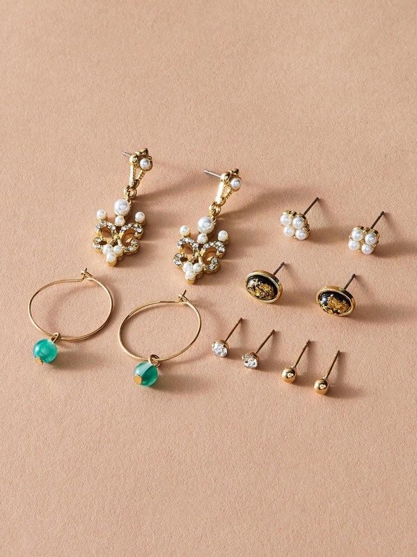 

6pairs Faux Pearl & Rhinestone Stud & Hoop Earrings Set, Multicolor