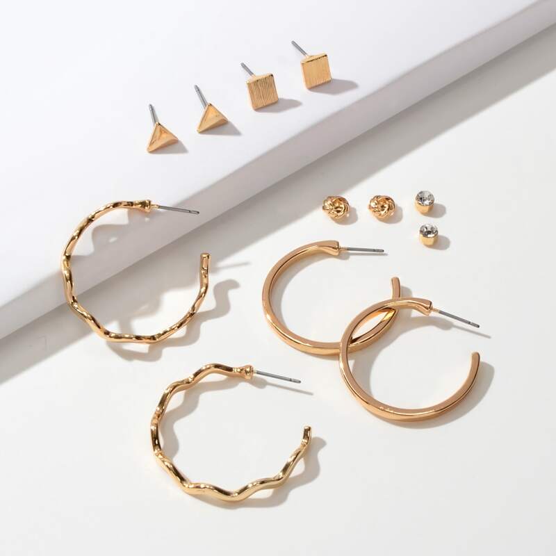 

6pairs Rhinestone Engraved Geometric Earrings, Gold