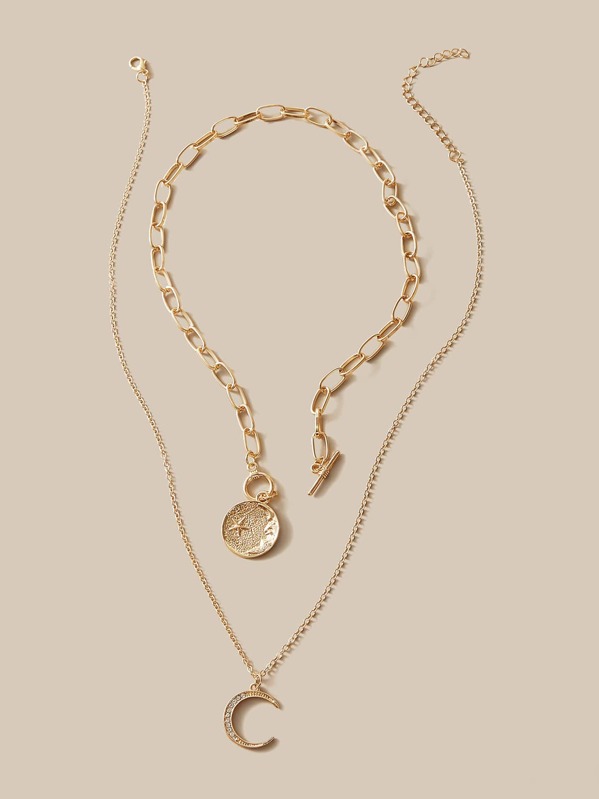 

2pcs Crescent & Coin Chain Necklace, Gold