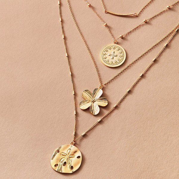 

1pc Floral Shape & Coin Pendant Layered Chain Necklace, Gold