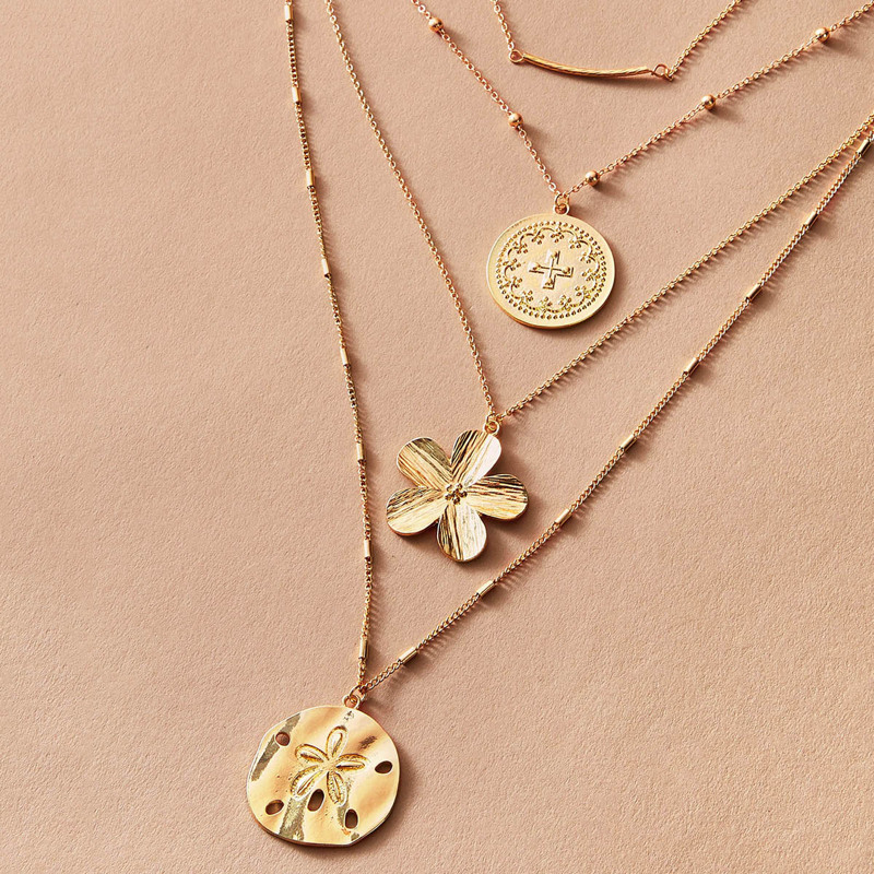 

1pc Floral Shape & Coin Pendant Layered Chain Necklace, Gold