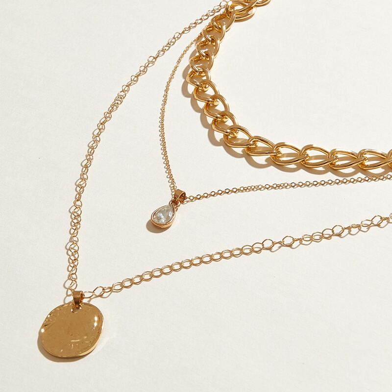 

1pc Hammered Disc Rhinestone Layered Chain Necklace, Gold