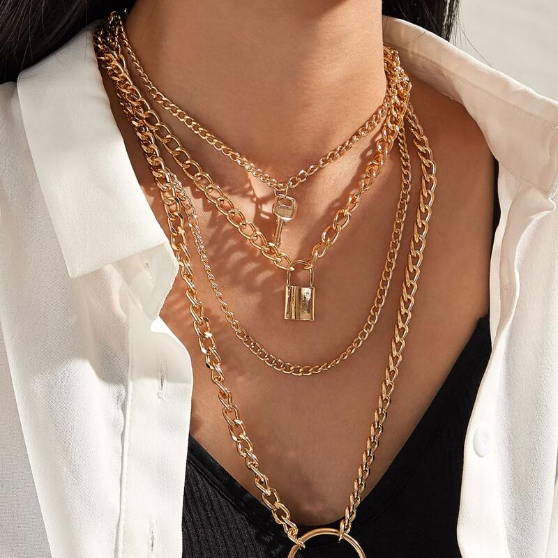 

2pcs Lock & Key & Ring Pendant Layered Chain Necklace Set, Gold
