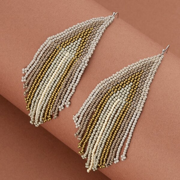 

1pair Beaded Triangle With Fringe Hook Back Earrings