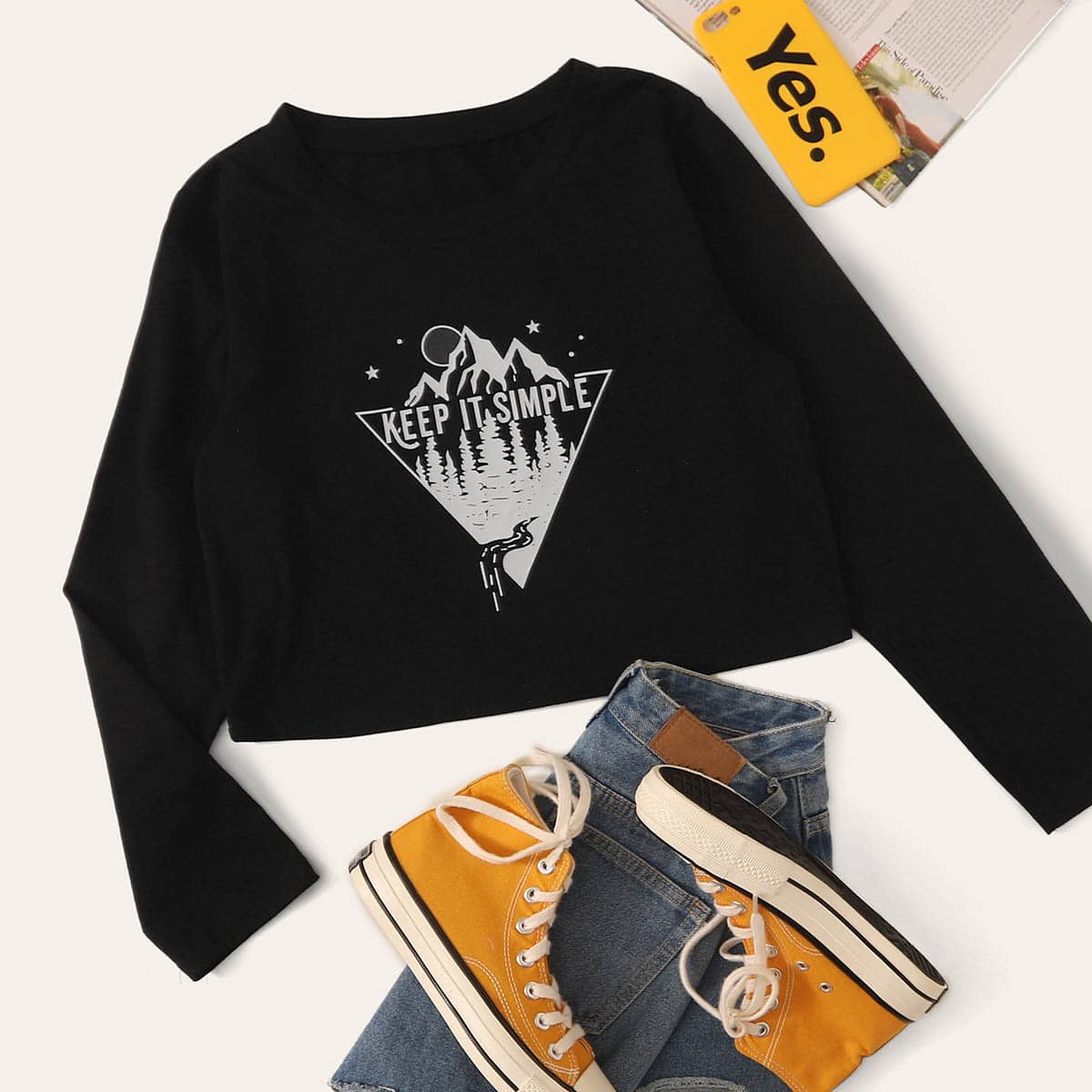 

Graphic Print Long Sleeve Tee, Black