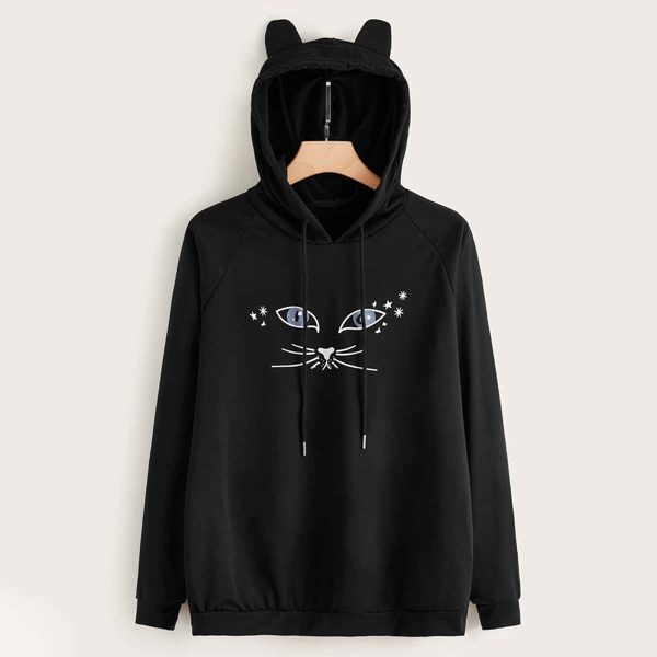 

Plus Cat Print Raglan Sleeve Drawstring Hoodie, Black