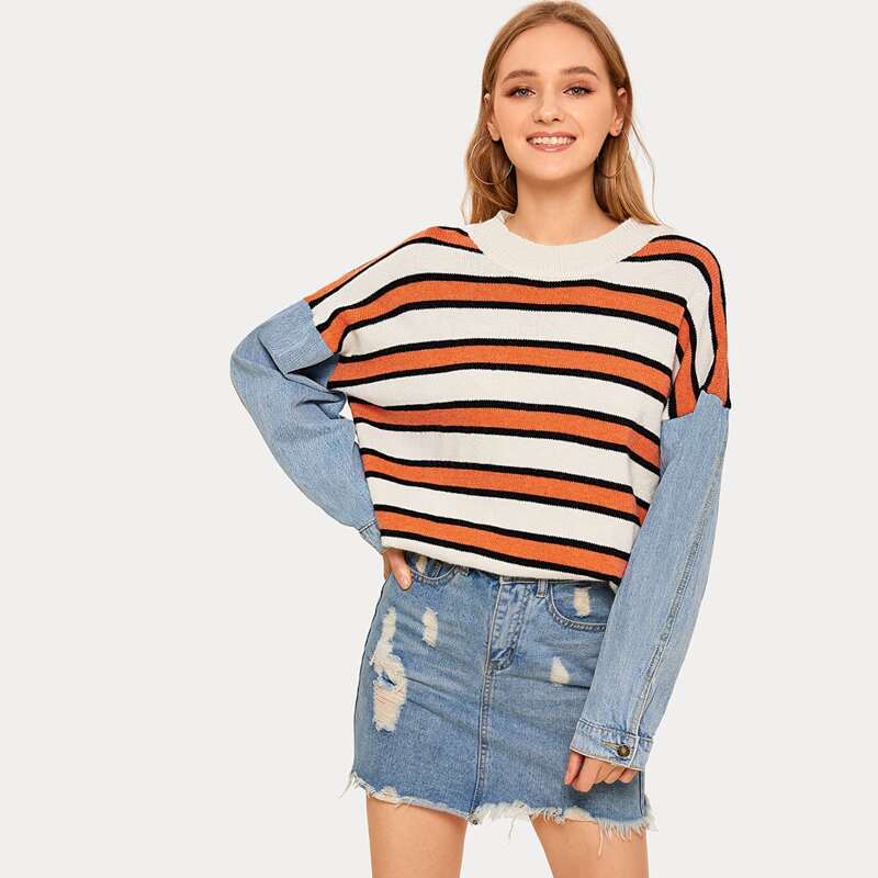 

Contrast Panel Striped Crew Neck Oversized Jumper, Multicolor