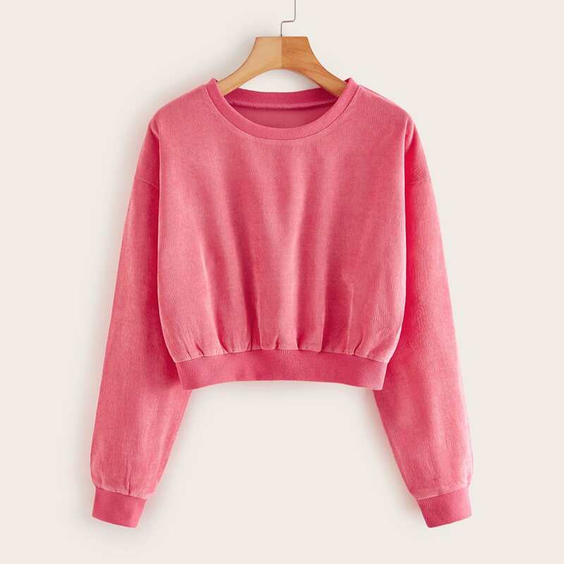 

Solid Corduroy Crew Neck Crop Sweatshirt, Pink