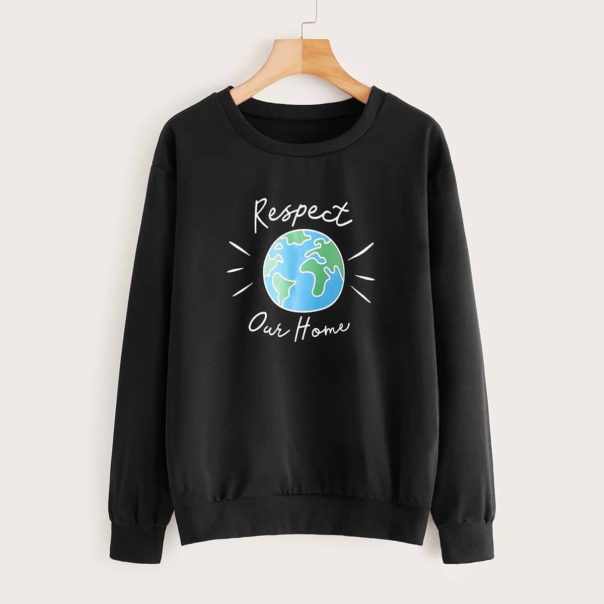 

Earth & Letter Graphic Crew Neck Sweatshirt, Black