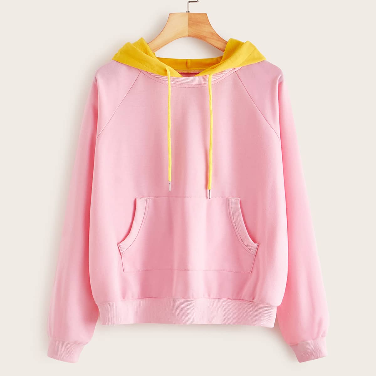

Contrast Panel Raglan Sleeve Kangaroo Pocket Hoodie, Pink