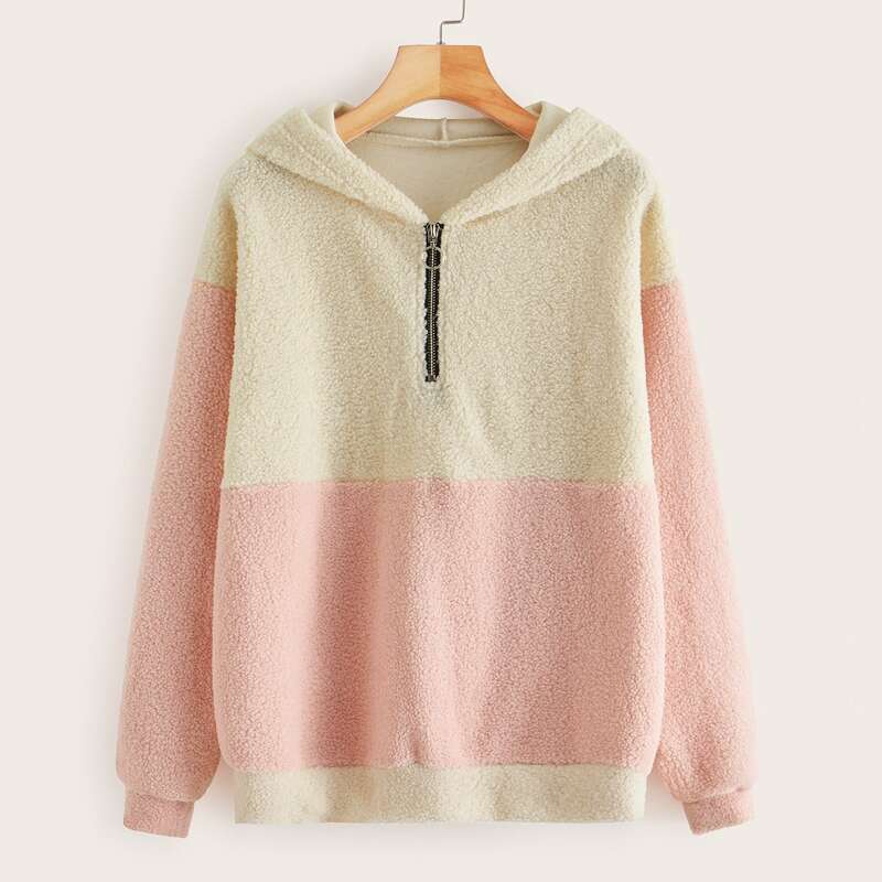 

Two Tone Half Zip Teddy Hoodie, Multicolor