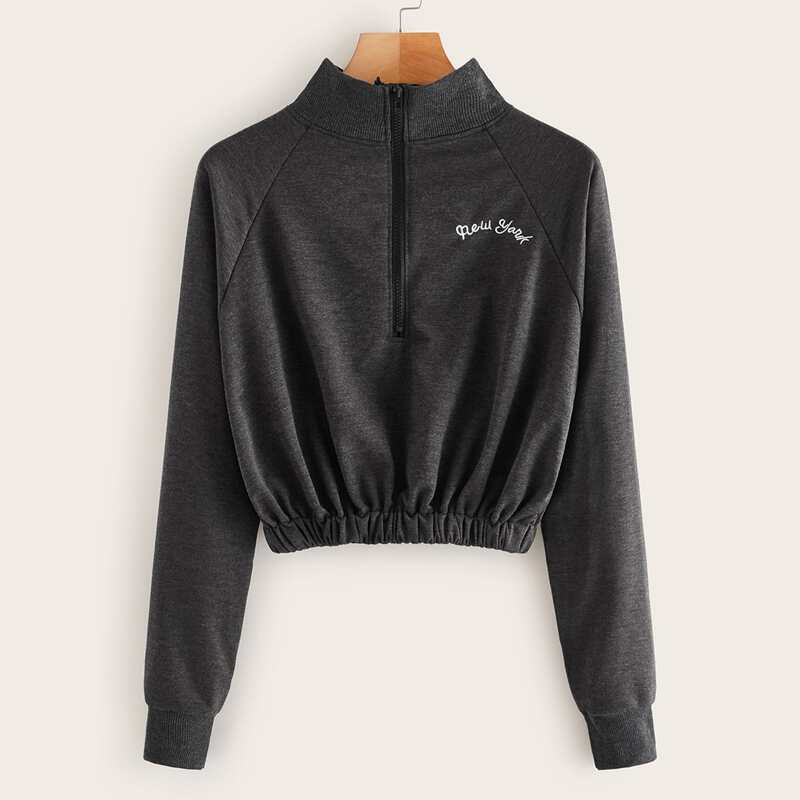 

Letter Embroidery Half Zip Raglan Sleeve Sweatshirt, Grey