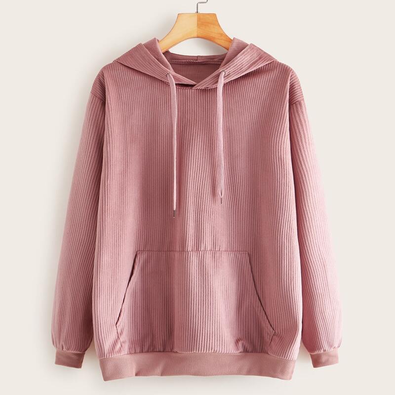 

Solid Kangaroo Pocket Drawstring Corduroy Hoodie, Pink