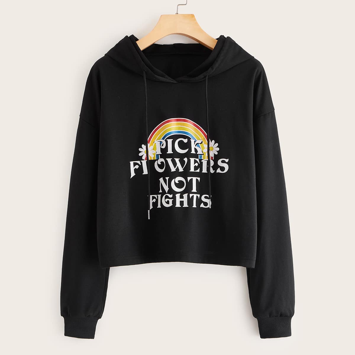 

Rainbow & Slogan Graphic Drawstring Hoodie, Black