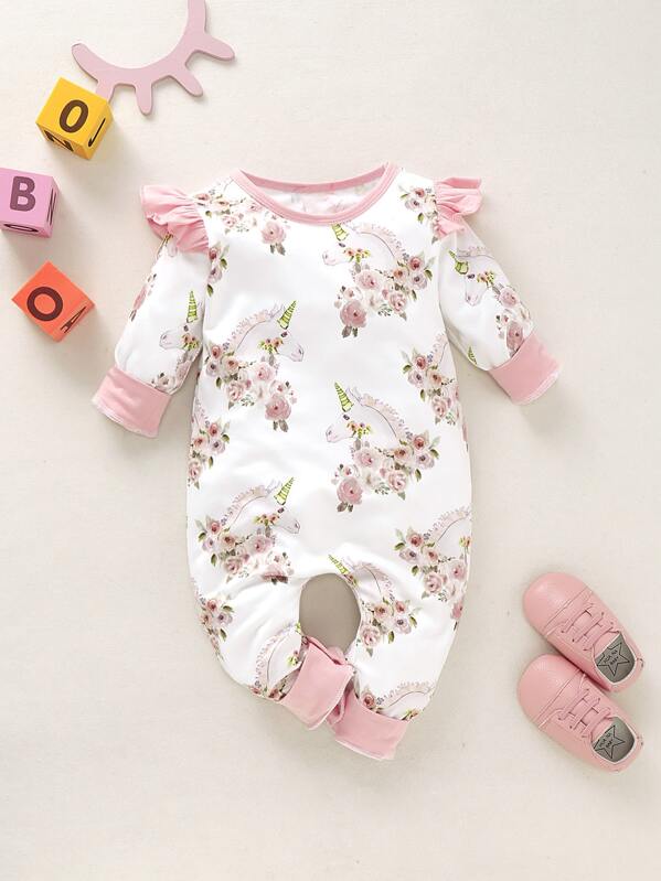 

Baby Girl Allover Unicorn Print Contrast Binding Ruffle Jumpsuit, White