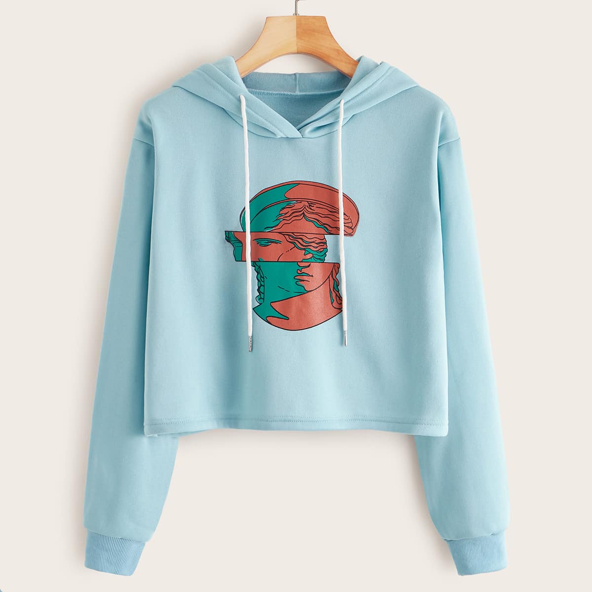 

Graphic Print Drawstring Crop Hoodie, Blue