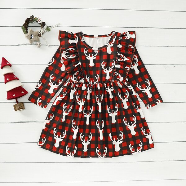 

Toddler Girls Christmas Print Ruffle Trim A-line Dress