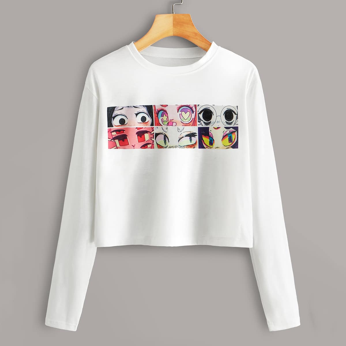 

Cartoon Print Long Sleeve Crop Top, White
