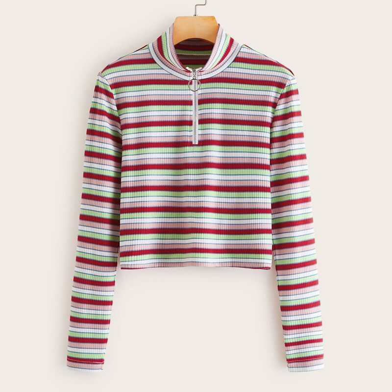 

Striped Half Zip Crop Ribbed Tee, Multicolor