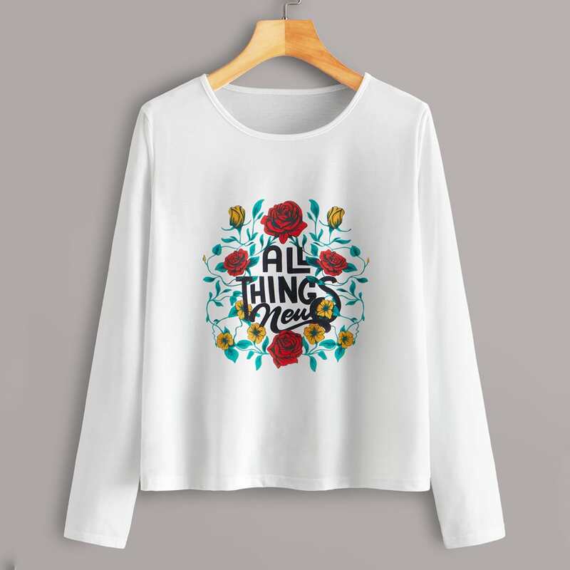 

Floral & Letter Graphic Long Sleeve Tee, White