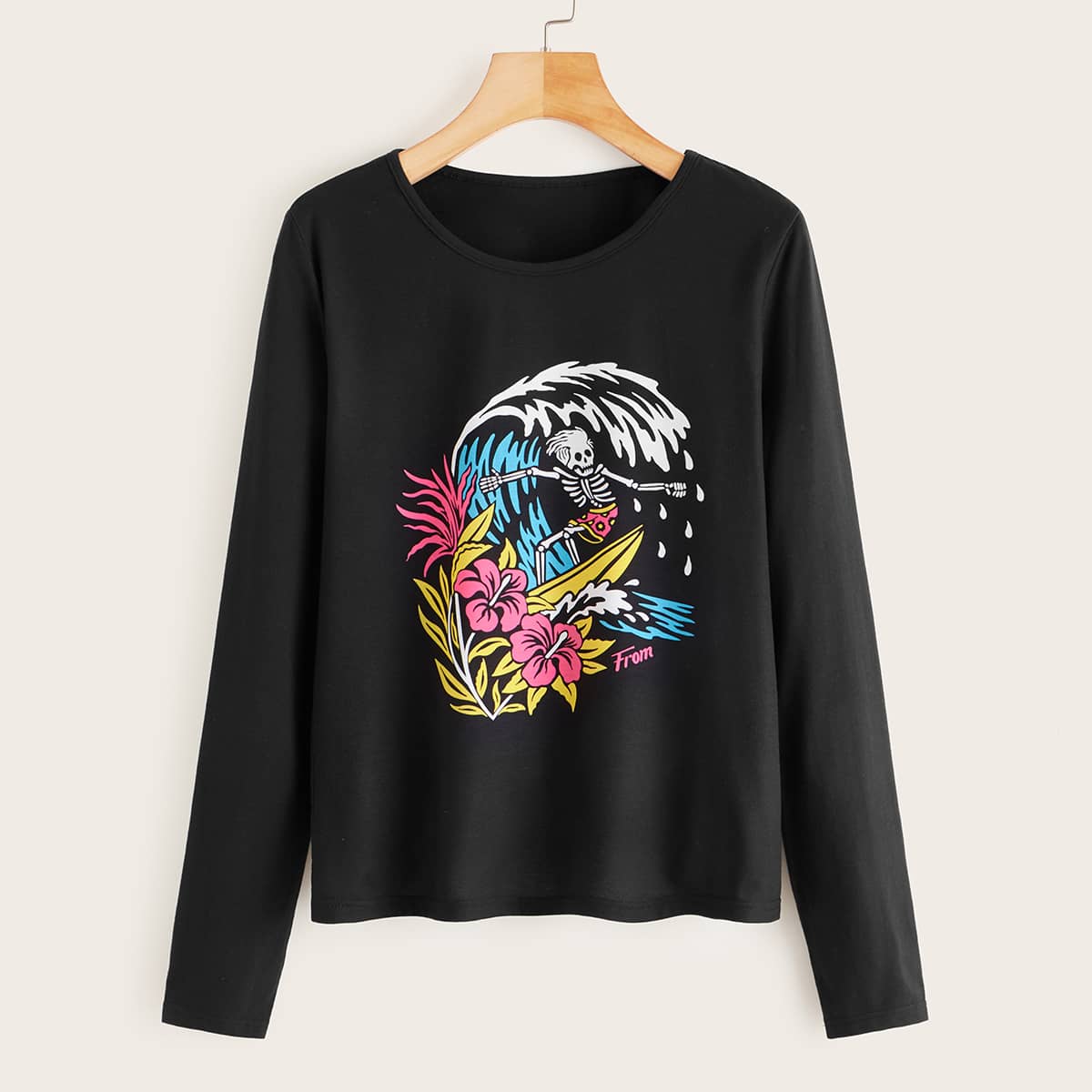 

Halloween & Plants Print Long Sleeve Tee, Black