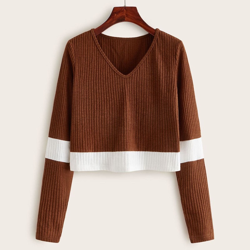 

V-neck Colorblock Ribbed Crop Tee, Brown