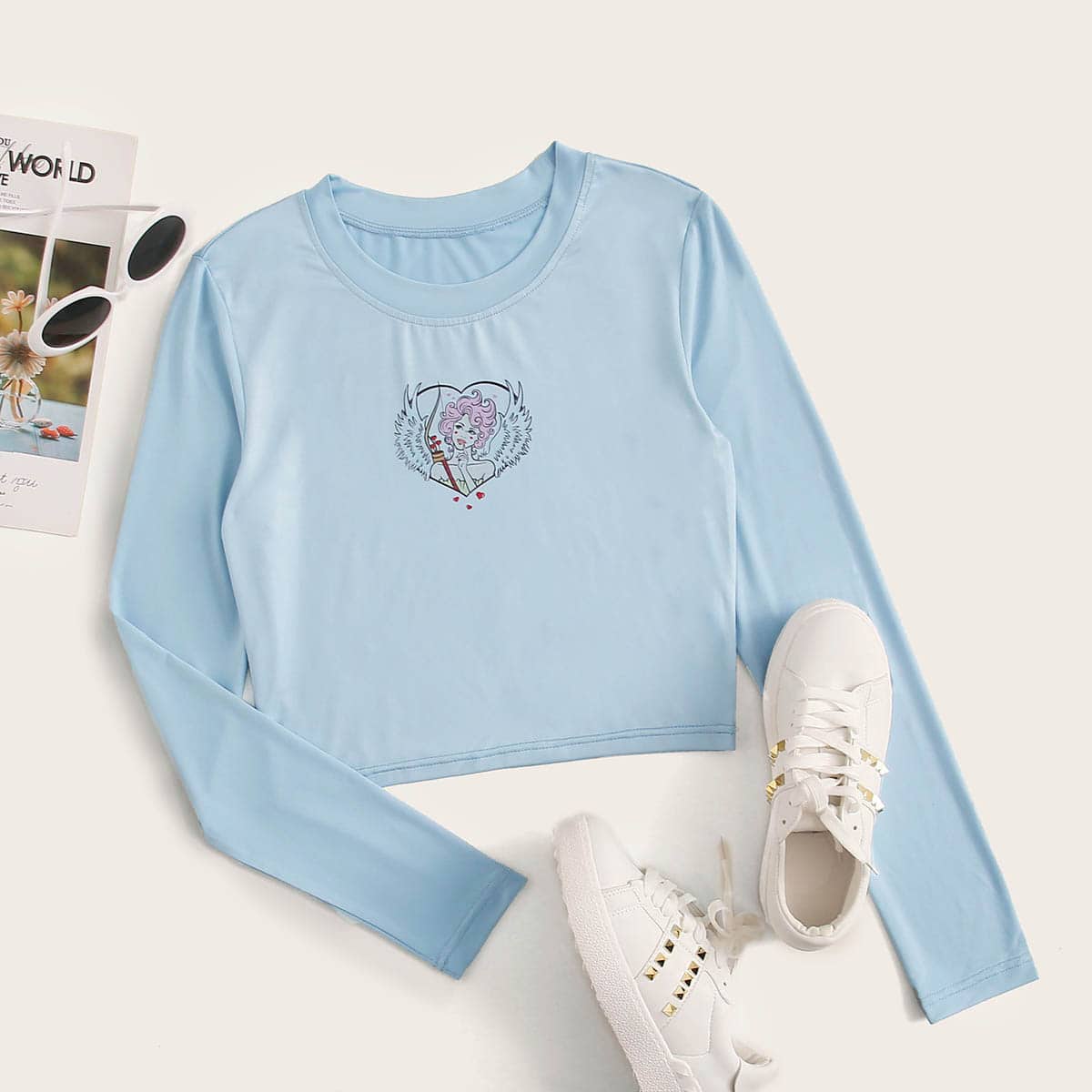 

Angel Print Long Sleeve Crop Blue Tee
